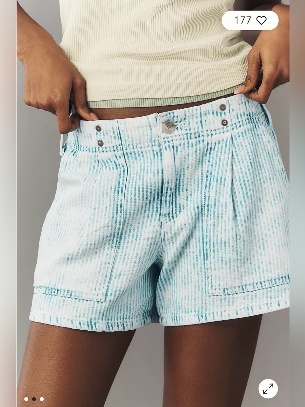 Pilcro/Anthropologie 100% Cotton Pleated Trouser Shorts in Green Stripe 31. NWT